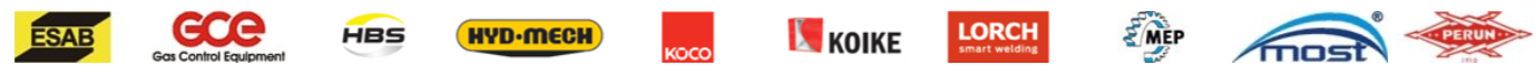 Logotypy marek: ESAB, GCE, HBS, HYD-MECH, KOIKE, Lorch, MEP, MOST, PERUN